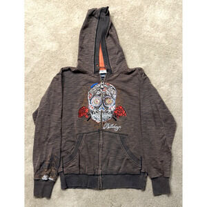 VINTAGE Billabong Hoodie Mens S Full Zip Embroidered Skull Surf Skater Brown